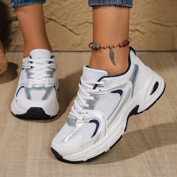 Womens White Burgundy Mesh Breathable Dad Sneakers With Silver Accents