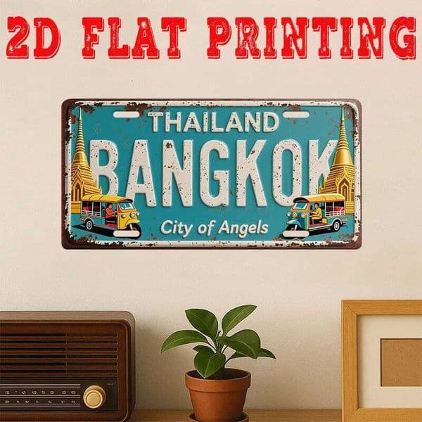 HD Aluminum Metal Sign, Bangkok Thailand City of Angels Vintage License Plate Style Wall Decor, Retro Tuk Temple Landscape D 26Y0507