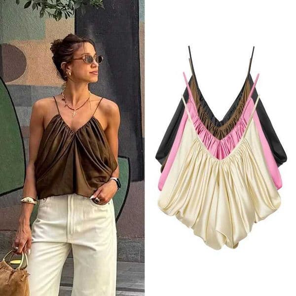 Womens Slip Tops Fashion Satin Pleated V-Neck Sleeveless Top Summer Sexy Female Chic TopsT2600507