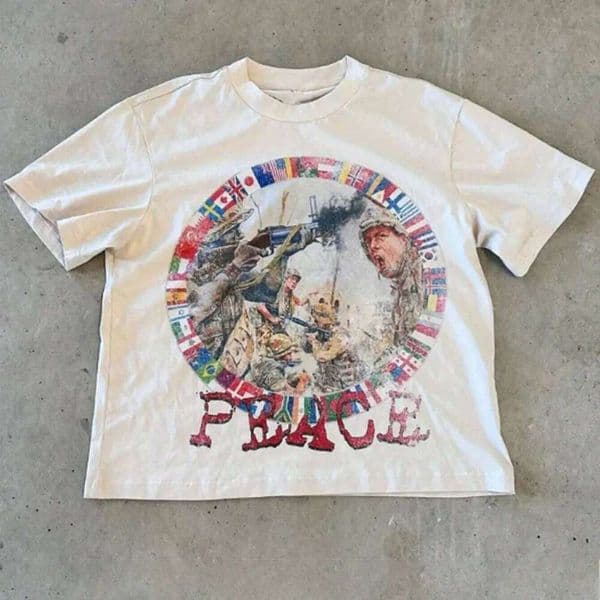 Peace in The War Pattern Print Summer New Men and Women Pure Cotton Retro Fashion Streetwear 26L0507