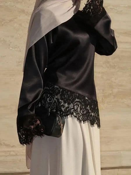 Women's Blouses Chic Top Lace Patchwork Black Long Sleeve Belt O-neck Zipper Spring Tops Fashion Loose Female Streetwear Blouse 2026