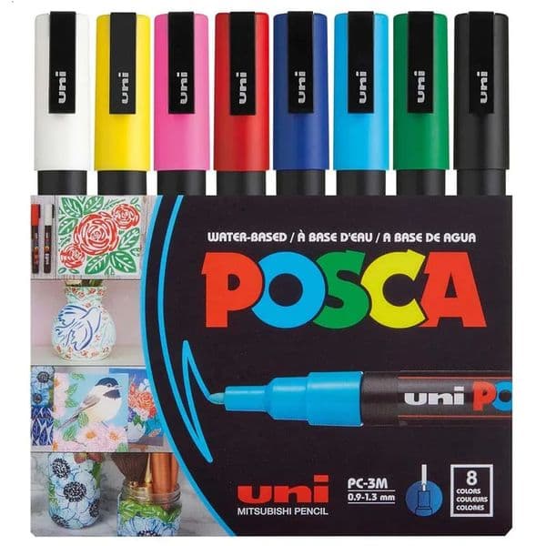 Uni Posca PC-3M 8 Colors Paint Markers Set Fine 09-13mm Acrylic Painting Pens for Fabric Glass Metal Wood Rock Graffitti DIY 260506