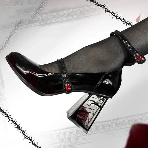 Punk Gothic High Heels Pumps Women Rose Heeled Patent Leather Shoes Woman Ankle Straps Black Mary Jane Shoes 260507