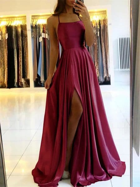 Burgundy Satin Beach Maxi Women Dress for Christmas Sexy Side Slit Adjustable Straps Evening Prom Dress Bridesmaid Dresses 260507