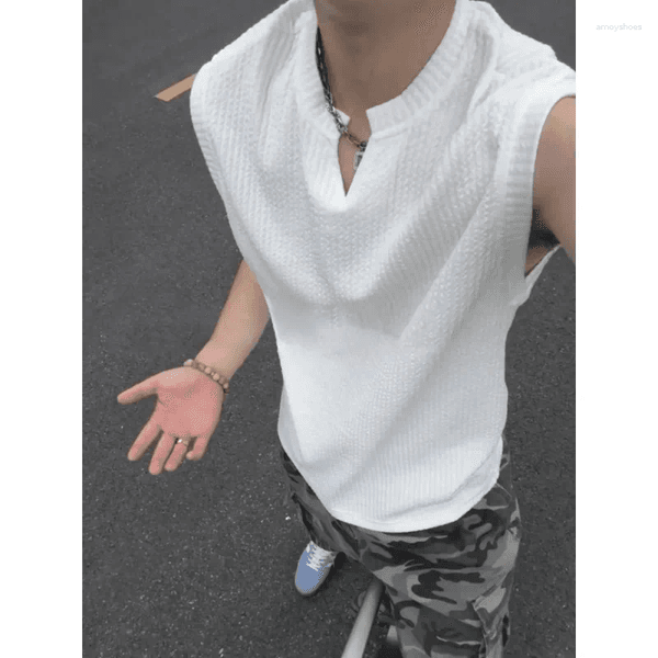 Men's Tank Tops Mens White Textured V Neck Sleeveless Top Ice Silk Breathable Casual Workout Vest