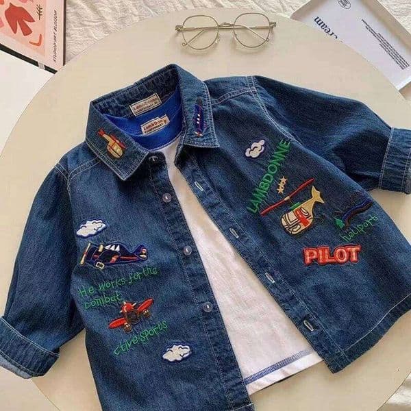 Fashion Boys shirt cartoon Embroidery Kids long sleeve Coat children loose casual denim jacket 26W0507