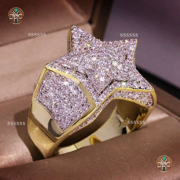 Popular European and American style men's five-pointed star, dual-tone plated, micro-inlaid with zircon, hip-hop trendy ring accessory jewellery