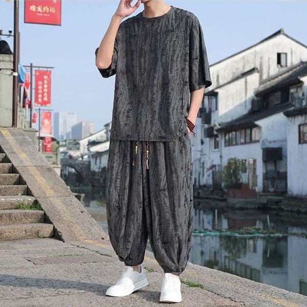 Chinese-style Hanfu Suit For Men Summer Designer T-shirt Thin Short-sleeved Long Pants Loose And Fashionable Light Luxury T-shirt With Holes Two-piece Set