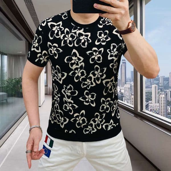 European-Style Summer New Men's Ice Silk Mesh Jacquard Printed T-Shirt, Fashionable Round Neck, Slim Fit, Stretchy, Short-Sleeved