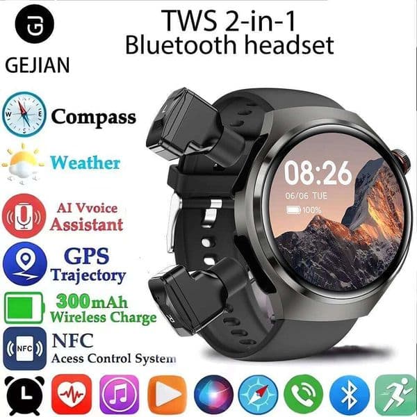 GEJIAN New TWS 2-in-1 BT Earphones Smart Watch Heart Rate Monitoring NFC BT call GPS Sports Trajectory Smartwatches 26Y0507