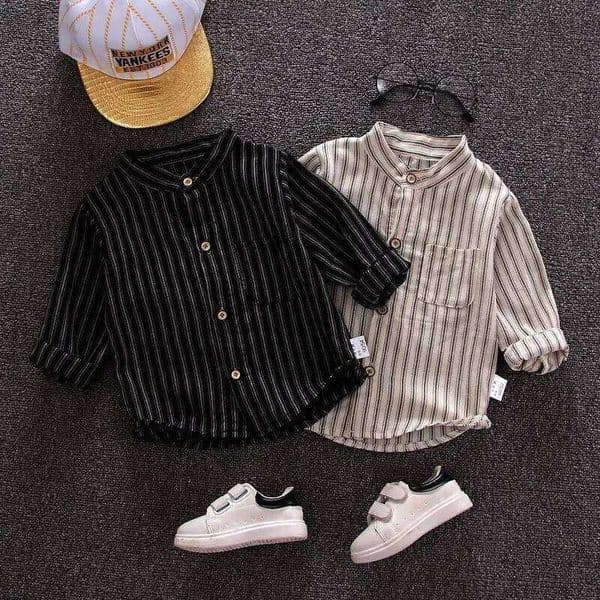 2024 Spring Summer New Boys Clothing Long Sleeve Striped Printed Round Neck Single-breasted Children Trend Korean Version Shirt 26W0507