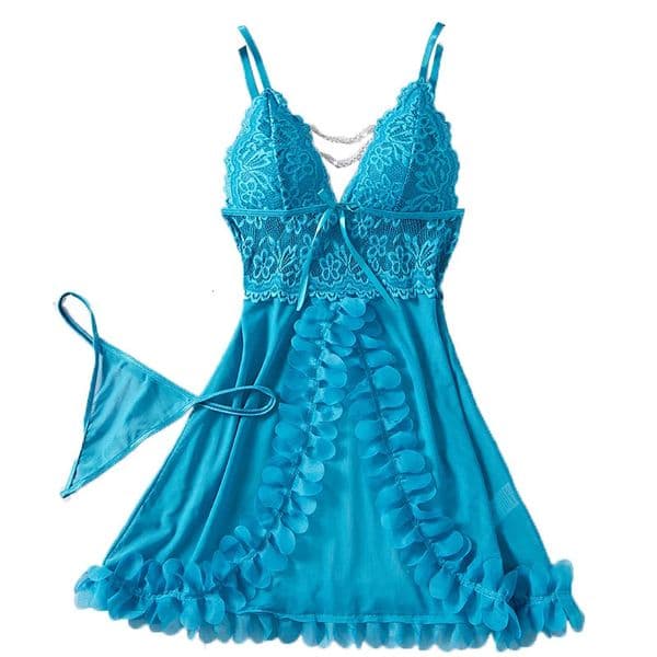 Lace Deep V Sling Backless Women Casual Breathable Pajamas Sexy Babydolls For Women Blue Temptation Perspective Night Dress Set 260323