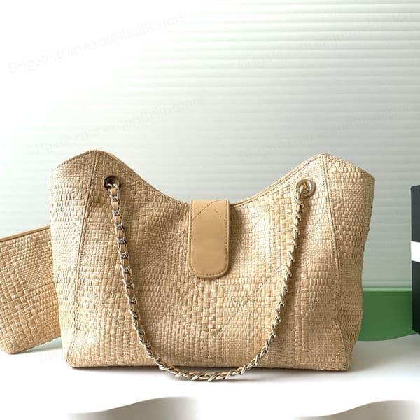 New 2026 10A Shopping Bag Luxury Designer Braided Straw Genuine Leather Shoulder Bag Golden Hardware Clutch Bag Removable Pouch Handbag Women Casual Shopping Purse