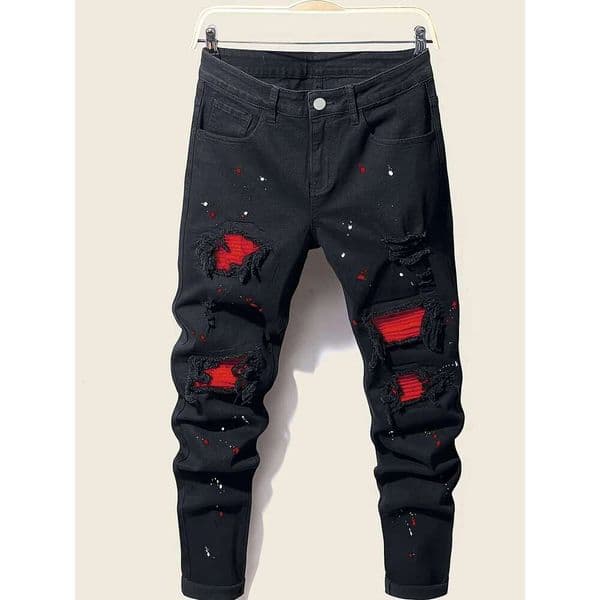 2026New Men's splatter-paint patchwork ripped slim-fit stretch all-season jeans, suitable as a gift for boyfriends 26H0506