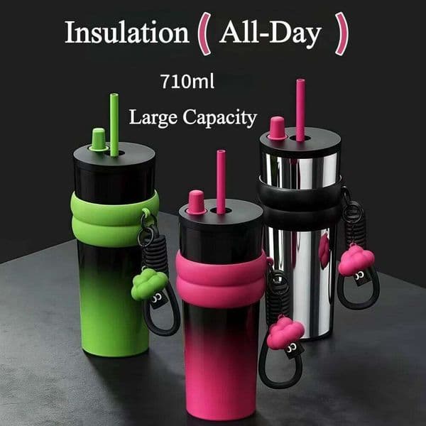 710ml silicone Ties for Butterflies 316 Stainless Steel Insulated Cup Portable Jumbo Straw Coffee Mug Car Water Bottle 26L0507