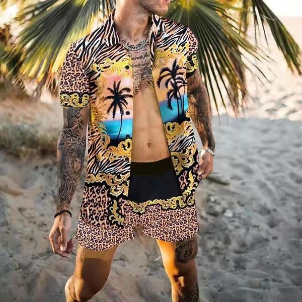 Summer Exquisite Mens Shirt Set Coconut Print Short Sleeve Top Leopard Print Shorts 2 Piece Hawaii Beach Mens Fashion Clothing 260507
