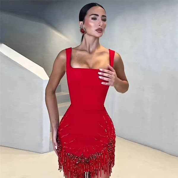 Women Sexy Sleeveless Bandage Dress Fashion Beading Tassel Clothes Club Party Bodycon Dresses 260507