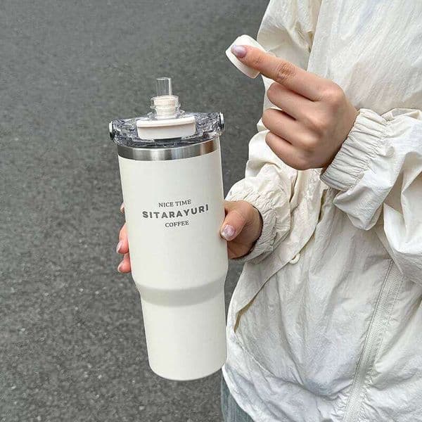 1pc Suction Lid Double-layer Vacuum Insulated Water Bottle 600ml/900ml Wide Handle Portable Outdoorulation Drinkware 26L0507