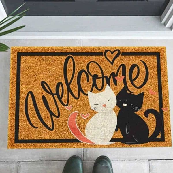 Natural Coir Welcome Doormat with Cute Black and White Cats Heart Design Non Slip Entryway Rug for Home Decor Indoor OutdoorT260507
