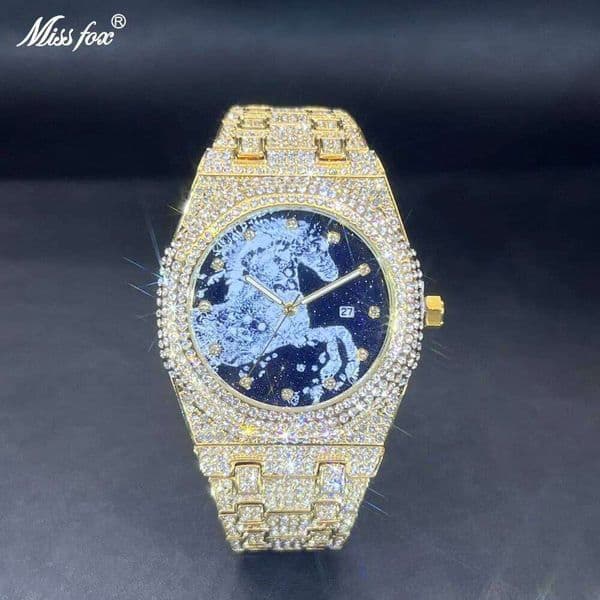 New Hip Hop Mens Quartz Watches MISSFOX Automatic Date Iced Wristwatch Fashion Diamond Jewelry Year Of The Horse Watch For Man 26H0507