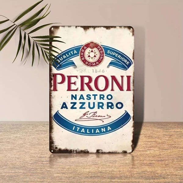 Vintage Peroni Nastro Azzurro Italian Beer Metal Tin Sign, Rustic Iron Wall Plaque for Home, Bar, Restaurant, Garage Decor, 26H0507