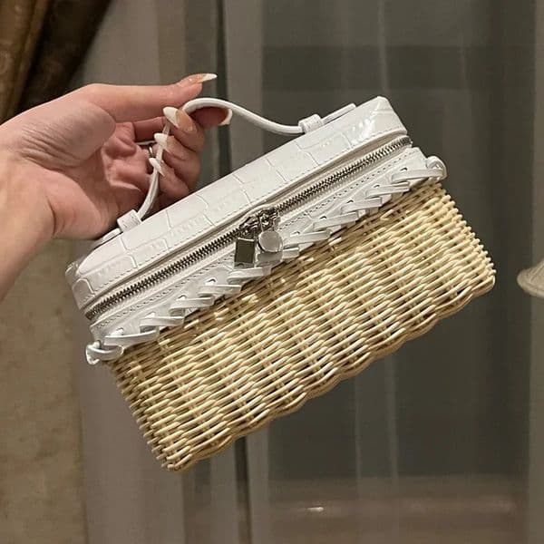 Designer Box Straw Box Bag Woven Shoulder Women Cowhide Leather Cowskin Handbag Female Crossbody Bag Daily Commute Bag Summer Beach Vacation Shoulder Bag Makeup Box