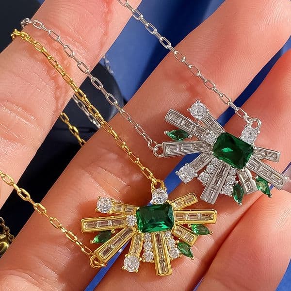 Necklace for Women Geometric Fan Half Emerald Zircon Diamond Earrings Necklace Ring Jewelry Set Luxury Jewlery Designer for Women Elegant Timeless