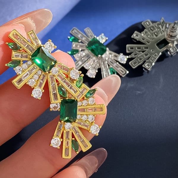 Necklace for Women Half Fan Geometric Emerald Zircon Diamond Earrings Necklace Ring Set Luxury Jewlery Designer for Women Elegant Gift Premium Style