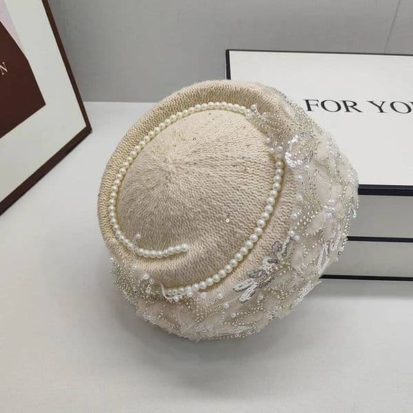 202510-Yns Ins Autumn Sequin Knitted Self-Made Pearl Flower Lady Beret Hat Women Leisure Painter Cap
