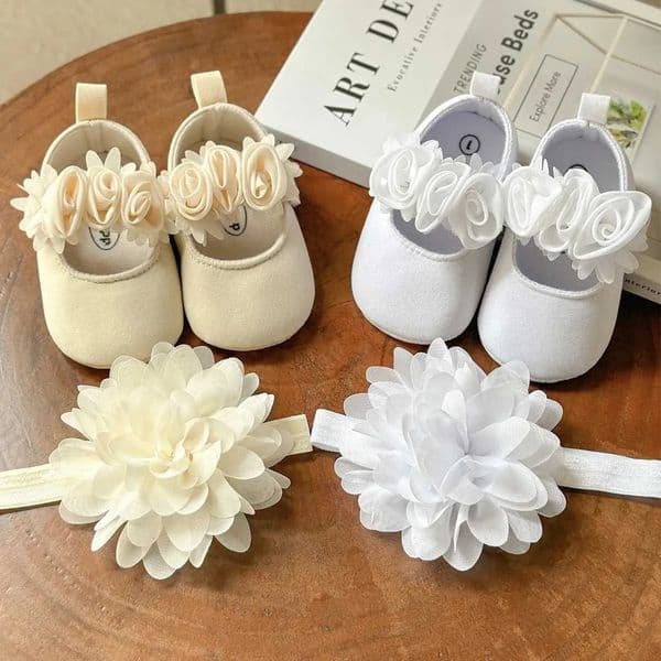 2026 Kid Shoes Kid Shoes Luxury Designer Basketball 2Pcs Baby Girls Flat basketball With Flower Decor Princess Crib First Walker Art Headband For Newborn Infa