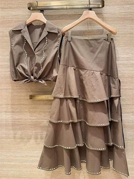 Skirts French Diamonds Stamping Women Knotting Shirt Waist Cinching Sleeveless Tank Top Or High Layered Ruffles Midi Skirt
