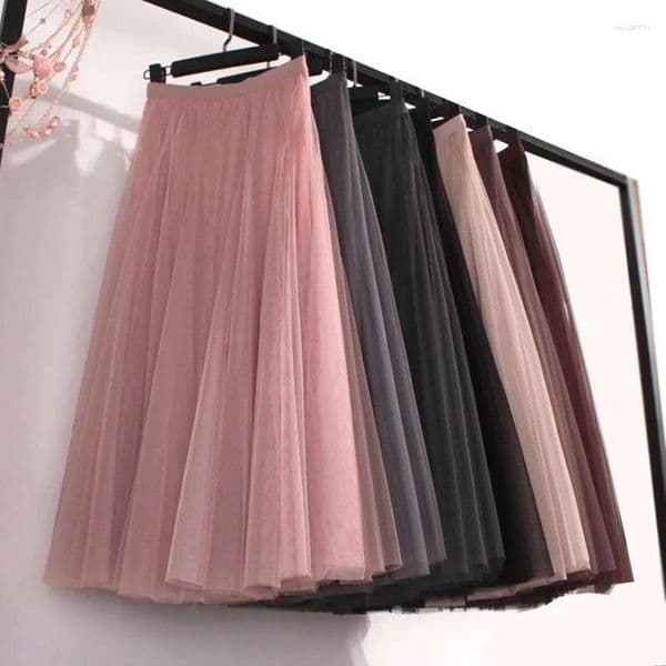 Skirts Spring Autumn Summer Holiday Beach Women Long Midi Skirt Fashion Ladies Elastic High Waist Tulle Mesh Pleated Tutu