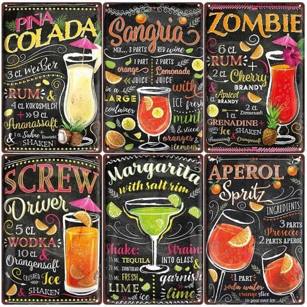 Vintage Cocktail Recipe Metal Tin Signs Set - Colada Sangria Margarita Aperol Spritz Zombie Screw Driver Drinks Wall Decor 26H0507