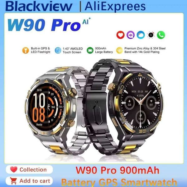 2026 New W90 Pro GPS Smart with Flashlight 1.43" HD AMOLED Display 900mAh BT Waterproof Sport Watch for Men Women 26Y0507