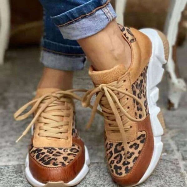 Large Outdoor Running New Spliced Lace Up Shoes, Low Cut Leopard Print Sports and Leisure Shoes for Women 26Y0507