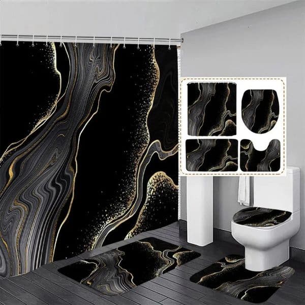 Luxury Designer Decor Black Marble Shower Curtain Set Gold Lines Abstract Textured Pattern Modern Bathroom Decor Non-Slip Rug Bath room Mats 18