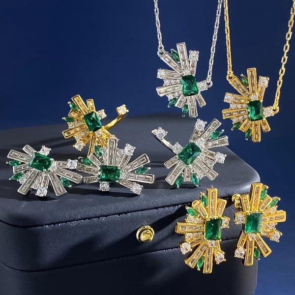Necklace Necklace for Women Geometric Half Fan Emerald Zircon Diamond Jewelry Set Earrings Necklace Ring Luxury Jewlery Designer for Women Elegant Gift