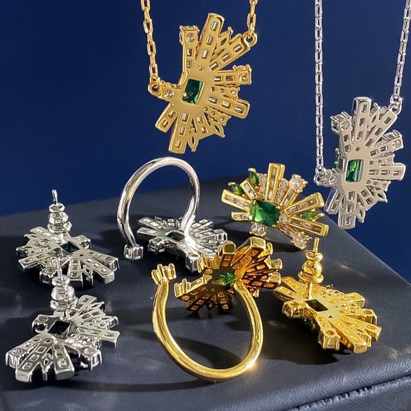 Necklace for Women Geometric Fan Shape Emerald Zircon Diamond Earrings Necklace Ring Set Luxury Jewlery Designer for Women Elegant Timeless Premium Gift