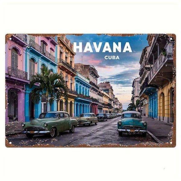 - Havana, Cuba Metal Wall Art Sign Retro Style Poster, Vibrant Cityscape with Classic Cars & Colorful Buildings, for Bedroom, K 26H0507