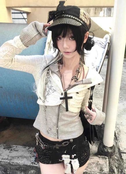 Y2k Subculture Striped Patchwork Long Slve Slim Hooded Sweatshirt 2000s Gothic Vintage Casual Korean Fashion Autumn Cardigan L260507