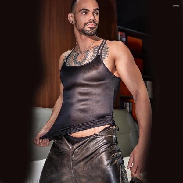 Men's Tank Tops Sexy Men Oil Glossy Shiny Thin High Elastic Fashion Vest Shaper Wear Sleeveless T-shirts Cross