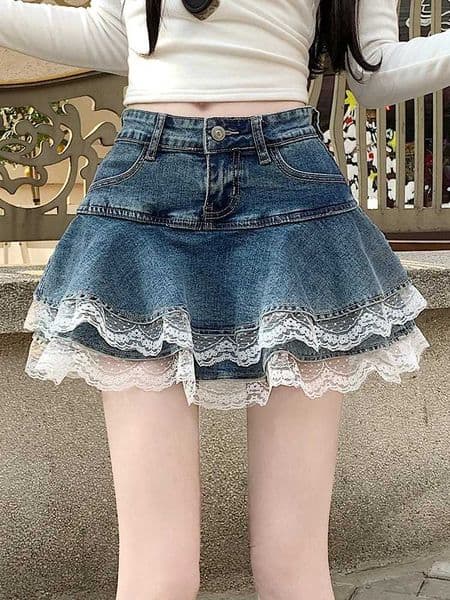 2025 Summer Mini Y2K Denim Skirt Women Fashion Streetwear Ruffles Kawaii Lace Skirts Shorts Preppy School Pleated Jeans Skirt C260507
