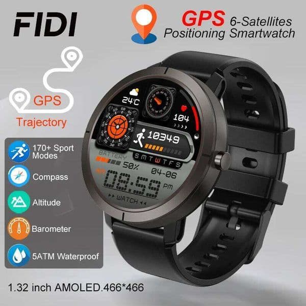 FIDI 6-Satellites Smart Watch 1.32 HD AMOLED Display Built-in GPS BT Phone Calls Sports 5ATM Waterproof Smartwatch 26Y0507