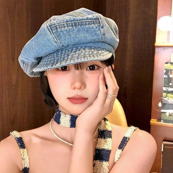 High Quality Retro Denim Cloud Beret Women's Spring Summer Simple Literary And Versatile Short Brim Octagonal Newsboy Cap