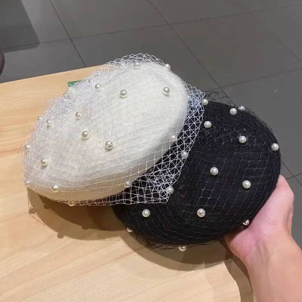 Wool Beret With Pearl Veil Detail Elegant Women Autumn Winter Retro British Style Painter Pumpkin Hat For Daily Street Wear