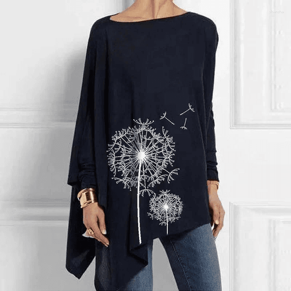 Women's Blouses Casual Simple Shirts Spring Autumn Solid Printing Round Neck Long Sleeve Irregular Office Ladies Loose Pullover Tops