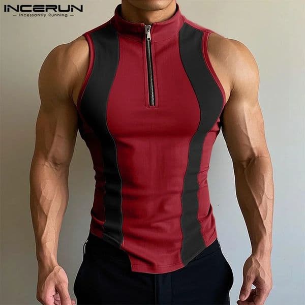 INCERUN Tops American Style Fashion Mens Spliced Contrast Zipper Vests Summer Streetwear Casual Tank Tops 260507