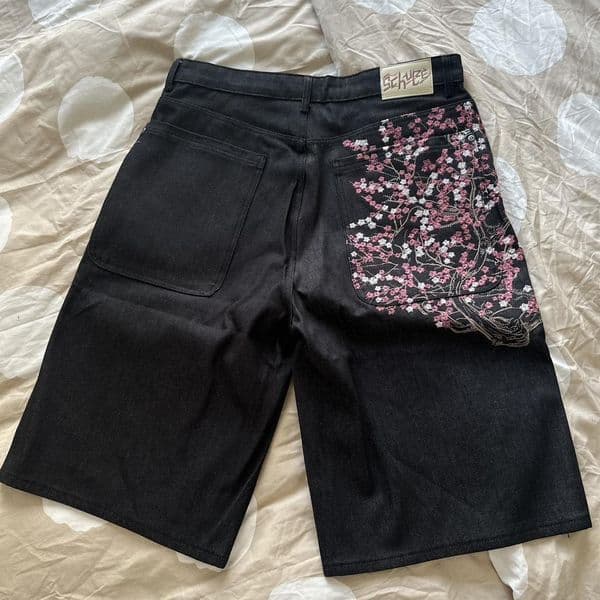 Men's Jeans Derschutze Patchwork Cherry Blossom Denim Shorts Y2k Vintage Baggy Straight Street Men Clothes