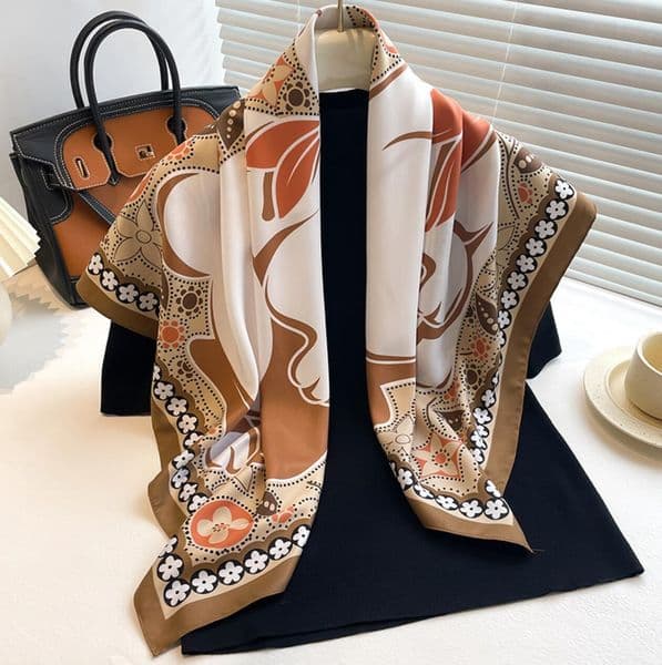 9090cm Classics Design Fashion Brand Classic Letter Beautiful Flower Grid Satin Luxury Square Scarf Outdoor Shawl Silk Turban Beach Wrap Women Flower Scarves