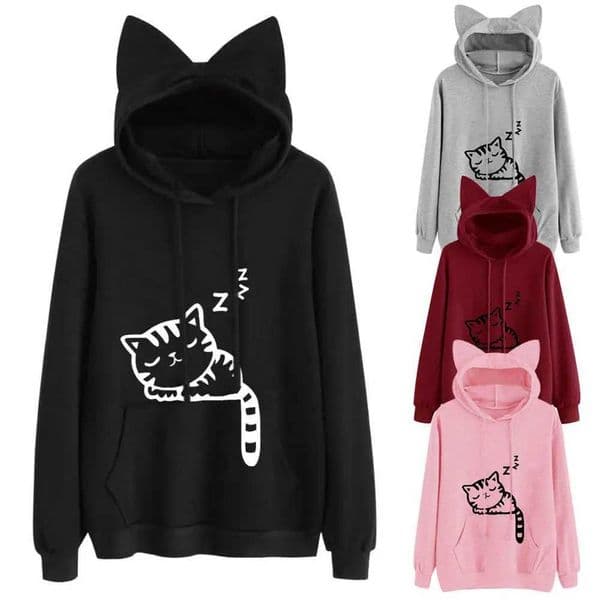 Long Slve Hoodies Sweatshirt For Women Cute Cat Print and Ear Kangaroo Pocket Drawstring Hooded Jogger Pullover Tops L260507